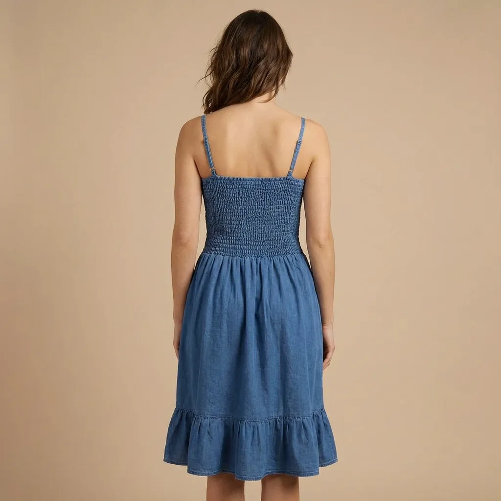 Blue-smocked-denim-midi-dress-for-women-with-ruffle-neckline-and-spaghetti-straps
