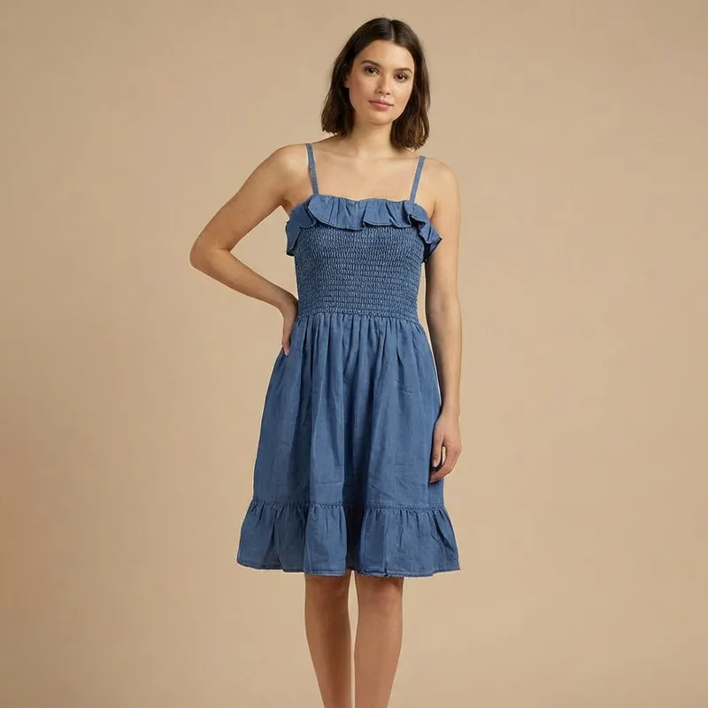 Blue-smocked-denim-midi-dress-for-women-with-ruffle-neckline-and-spaghetti-straps