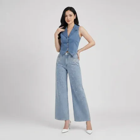 Light-blue-sleeveless-denim-waistcoat-top-for-women-with-lapel-collar-and-button-front