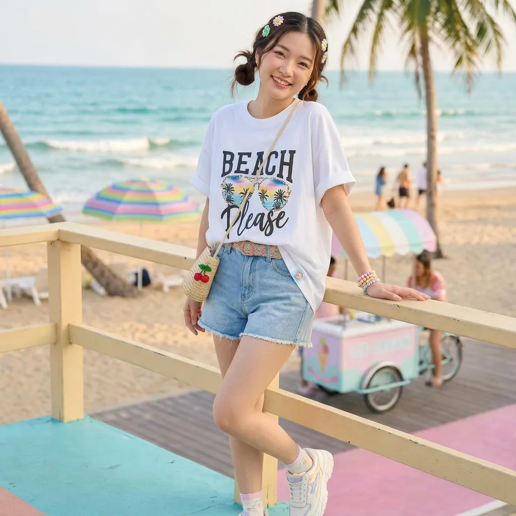 White-T-shirt-with-Beach-Please-graphic-print-and-tropical-sunglasses-design-on-white-background