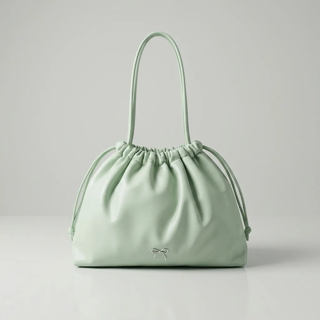 Pastel-green-faux-leather-ruched-shoulder-bag-with-drawstring-detail-spacious-lined-interior-and-inner-zip-pocket