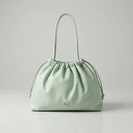 Pastel-green-faux-leather-ruched-shoulder-bag-with-drawstring-detail-spacious-lined-interior-and-inner-zip-pocket