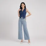 Dark-blue-denim-waistcoat-top-with-lapel-collar-and-front-button-closure-for-women