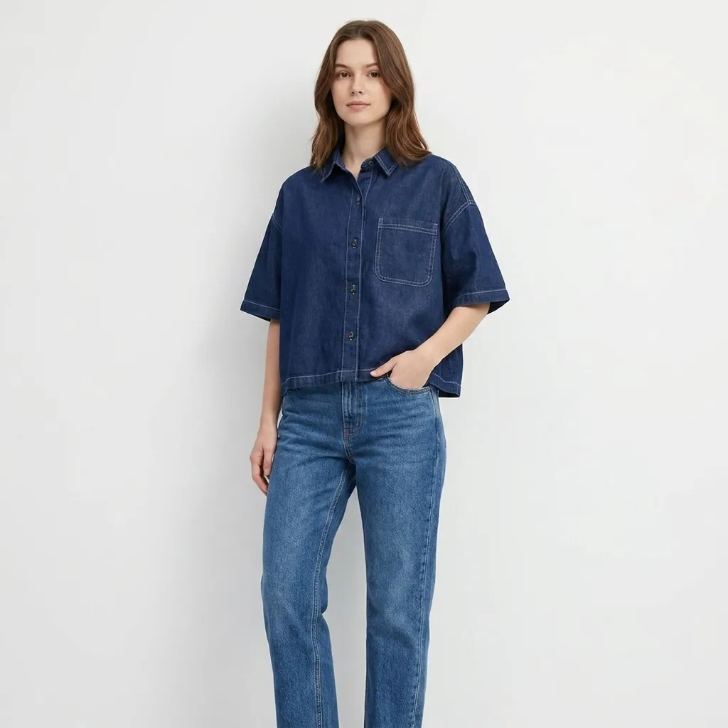 Dark-blue-oversized-denim-shirt-with-half-sleeves-and-front-button-closure-for-women