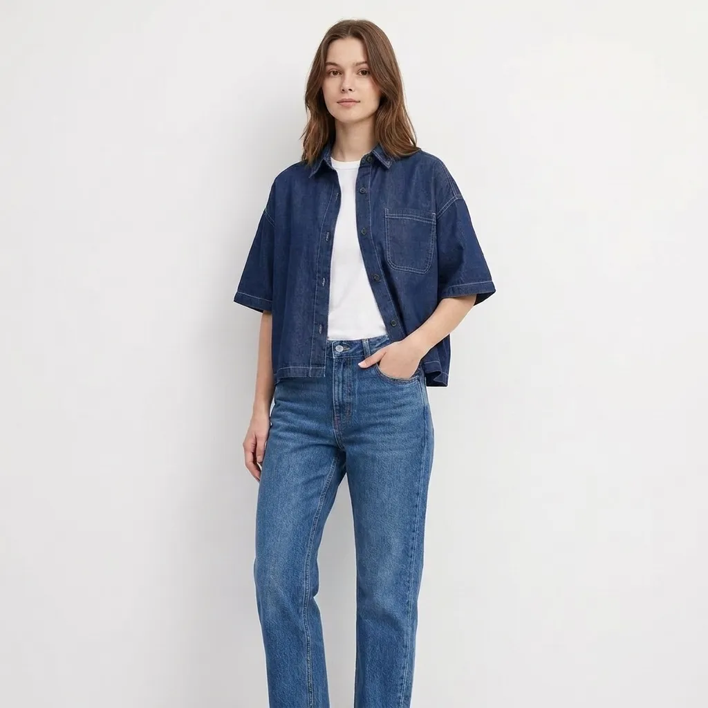 Dark-blue-oversized-denim-shirt-with-half-sleeves-and-front-button-closure-for-women