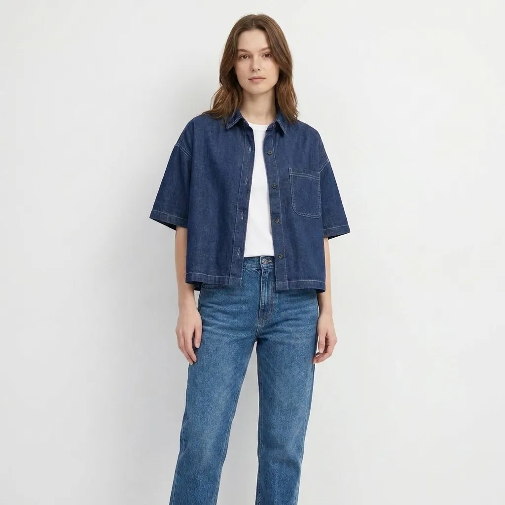 Dark-blue-oversized-denim-shirt-with-half-sleeves-and-front-button-closure-for-women