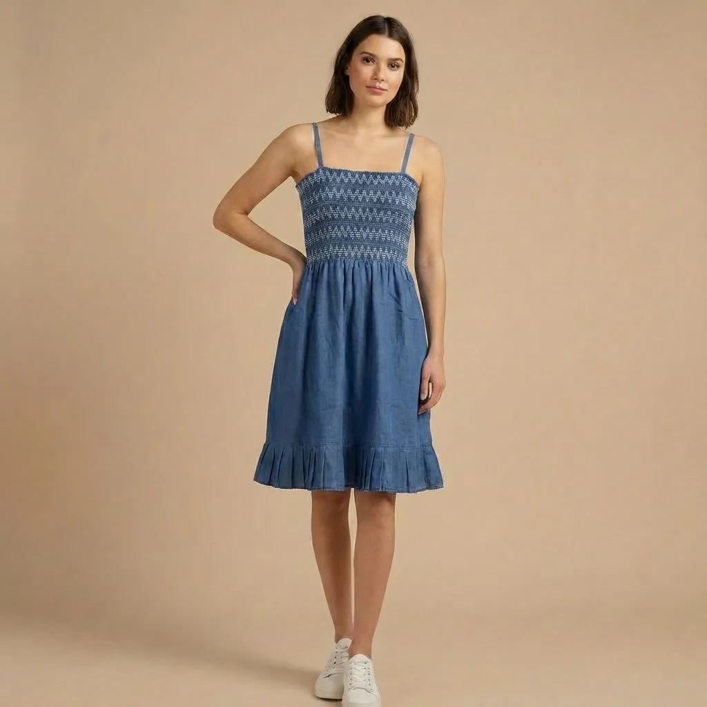 Blue-smocked-denim-midi-dress-with-adjustable-straps-and-ruffle-hem-for-women