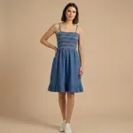 Blue-smocked-denim-midi-dress-with-adjustable-straps-and-ruffle-hem-for-women