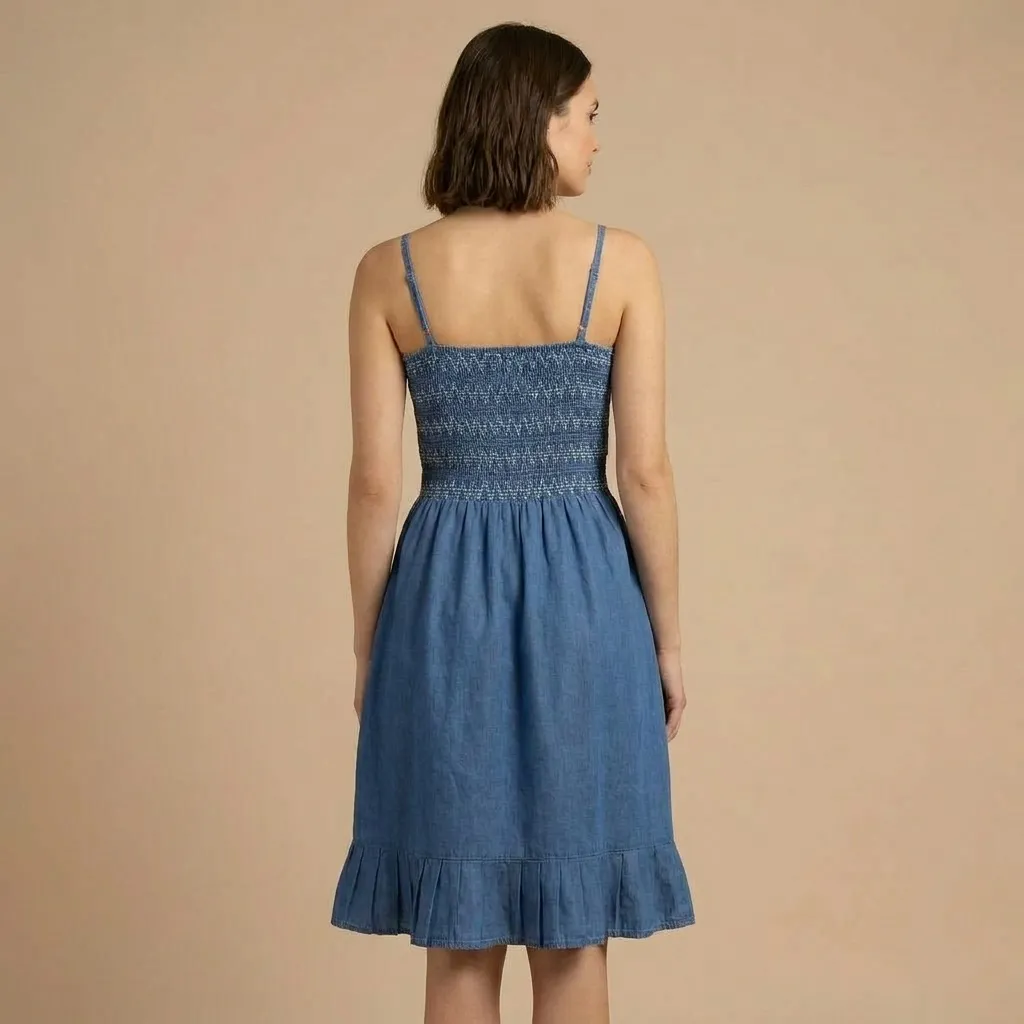 Blue-smocked-denim-midi-dress-with-adjustable-straps-and-ruffle-hem-for-women
