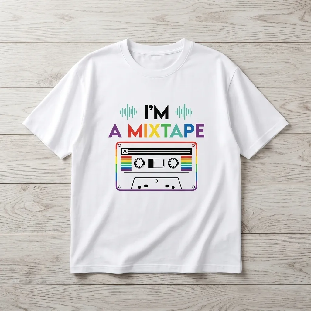 White-oversized-T-shirt-with-I’m-A-Mixtape-graphic-print-and-rainbow-cassette-design-on-white-background
