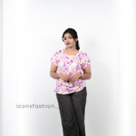 Woman-pink-graphic-print-round-neck-T-shirt