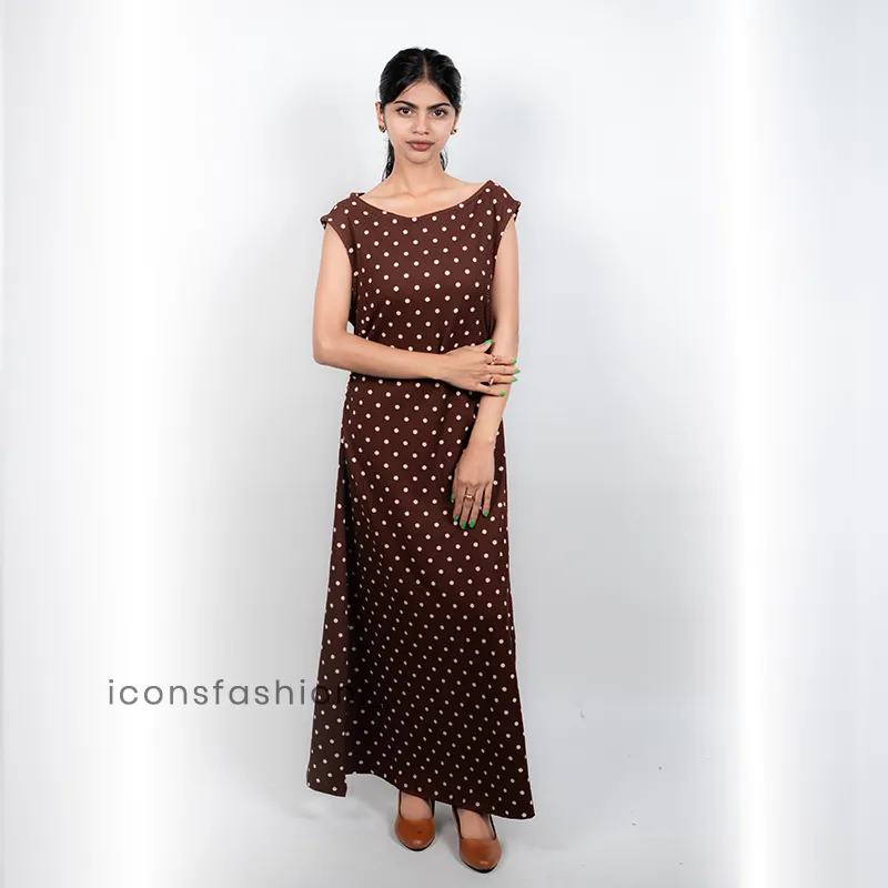 Brown-polka-dot-maxi-dress-with-round-neck-and-flowy-silhouette-for-women