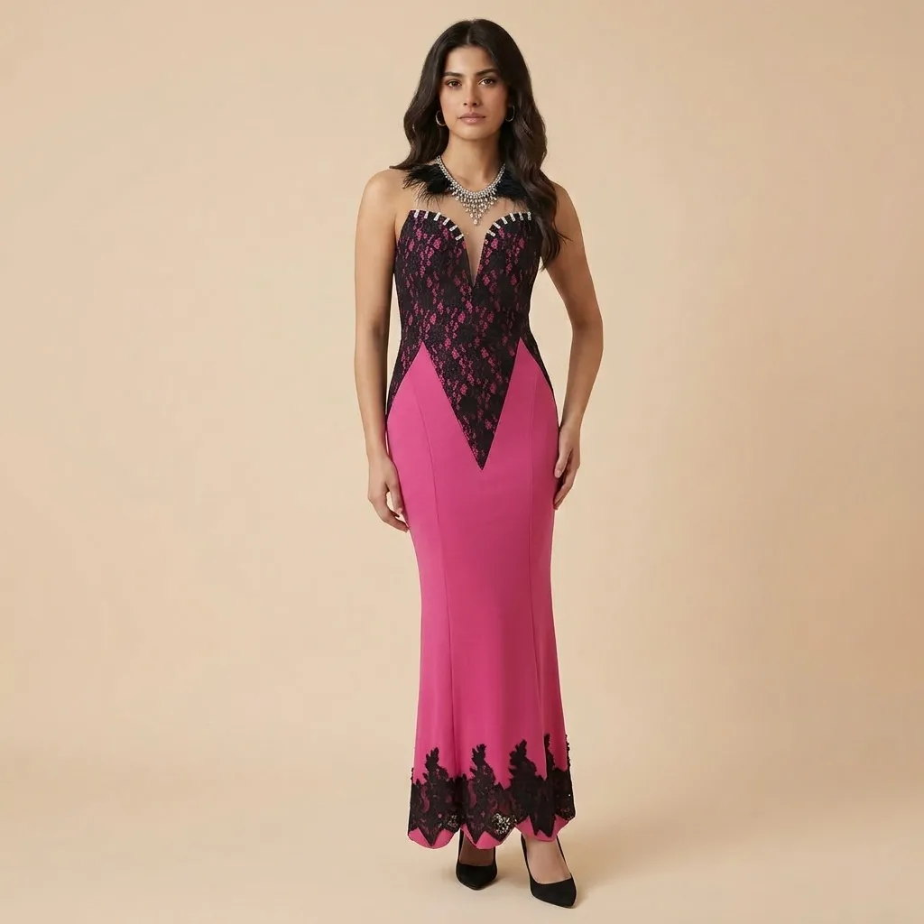 Pink-maxi-dress-with-black-lace-bodice-sheer-open-back-neckline-and-lace-hem-detailing
