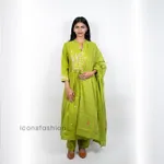 Green-embroidered-kurta-set-for-women-with-notched-neckline-and-three-quarter-sleeves