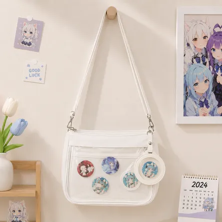 White-ita-style-crossbody-bag-with-transparent-front-display-pocket-adjustable-shoulder-strap-and-decorative-badge-holder