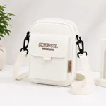 White-mini-crossbody-bag-with-front-flap-pocket-adjustable-shoulder-strap-textured-finish-and-black-hardware