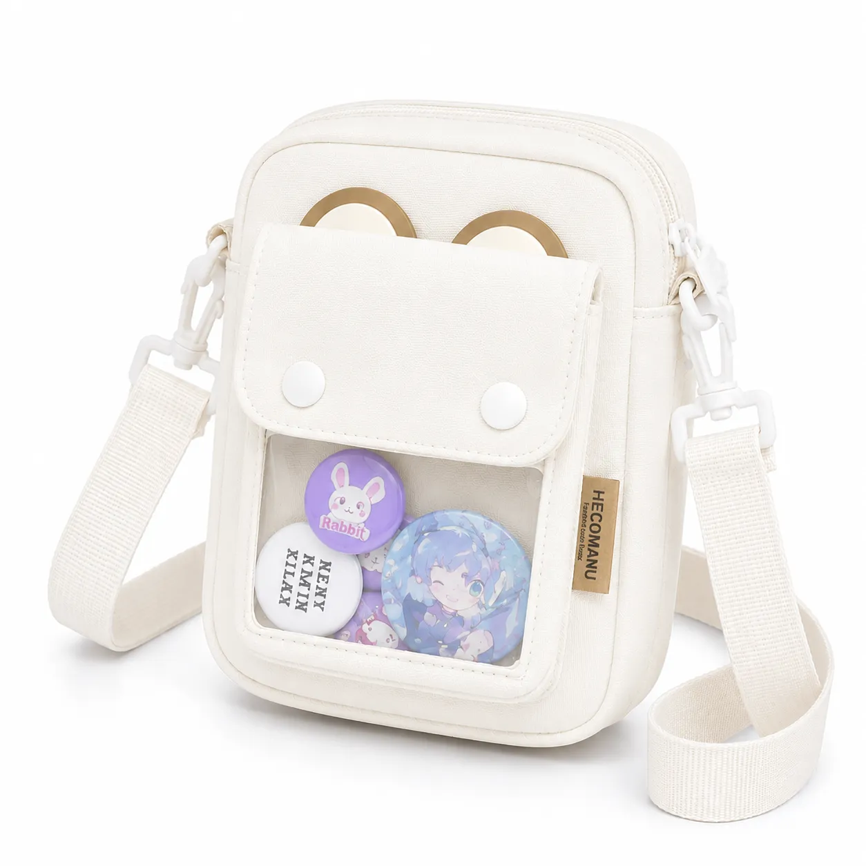 White-ita-style-crossbody-bag-with-transparent-front-display-pocket-adjustable-shoulder-strap-white-hardware-and-anime-badge-collection