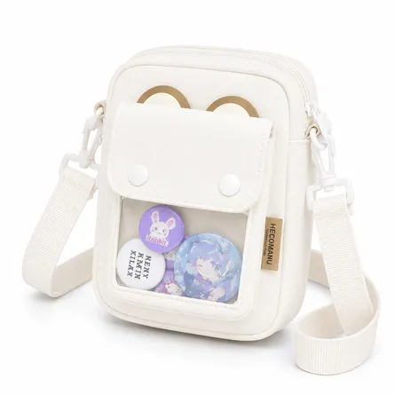 White-ita-style-crossbody-bag-with-transparent-front-display-pocket-adjustable-shoulder-strap-white-hardware-and-anime-badge-collection