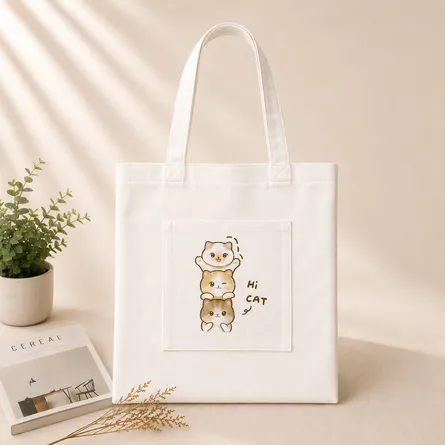 White-canvas-tote-bag-with-front-pocket-featuring-three-stacked-cute-cartoon-cats-and-Hi-Cat-text-print