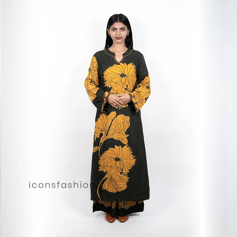 Dark-green-and-mustard-floral-print-kurta-set-for-women-with-notched-round-neck-and-full-sleeves