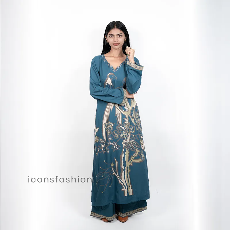 Blue-printed-kurta-set-for-women-with-floral-bird-motif-and-full-sleeves