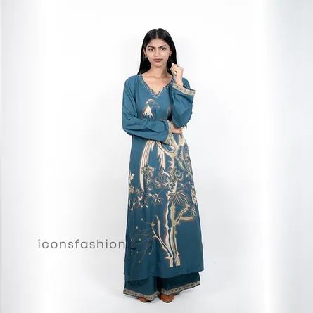 Blue-printed-kurta-set-for-women-with-floral-bird-motif-and-full-sleeves