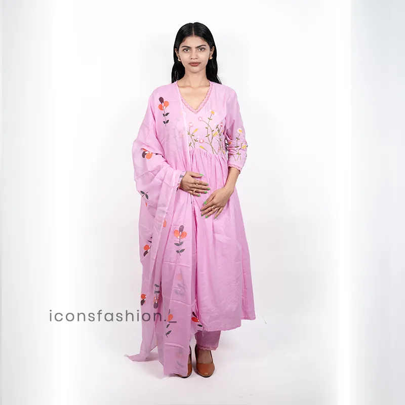 Women-pink-embroidered-Anarkali-kurta-set-with-floral-thread-work-matching-pants-and-a-sheer-embroidered-dupatta