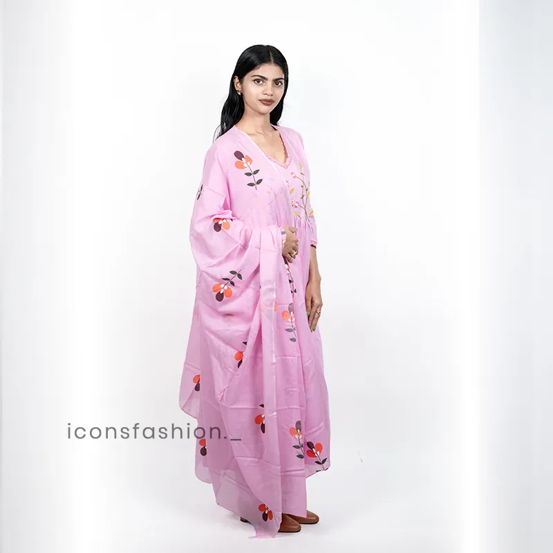 Women-pink-embroidered-Anarkali-kurta-set-with-floral-thread-work-matching-pants-and-a-sheer-embroidered-dupatta
