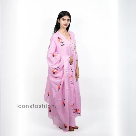 Women-pink-embroidered-Anarkali-kurta-set-with-floral-thread-work-matching-pants-and-a-sheer-embroidered-dupatta