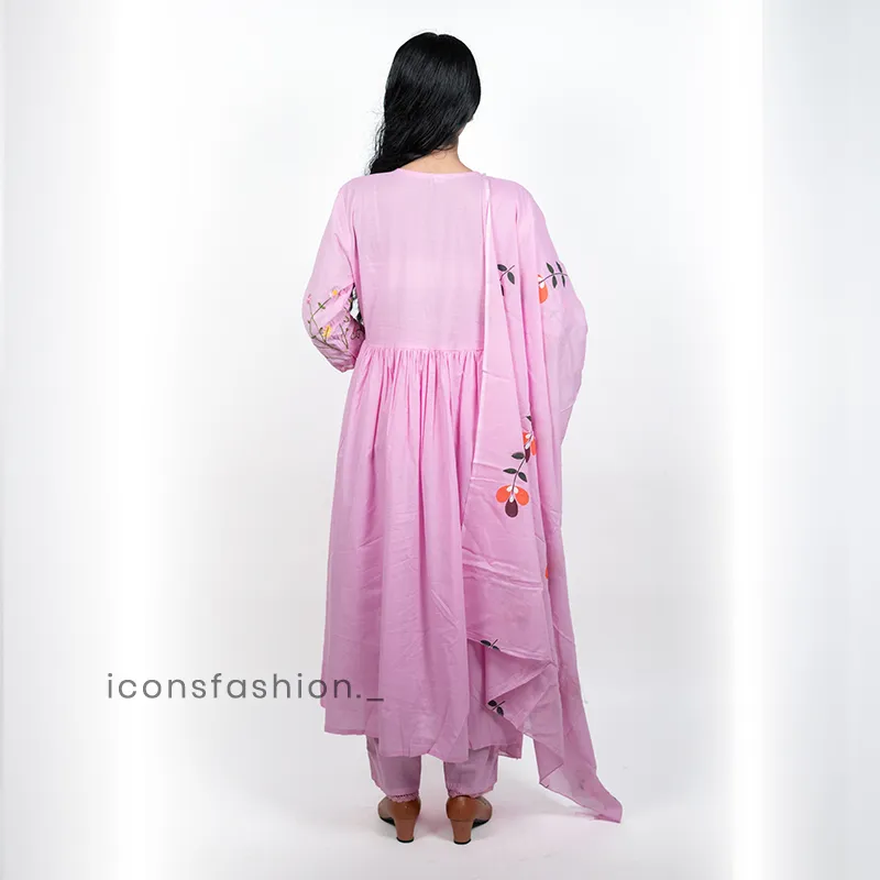 Women-pink-embroidered-Anarkali-kurta-set-with-floral-thread-work-matching-pants-and-a-sheer-embroidered-dupatta