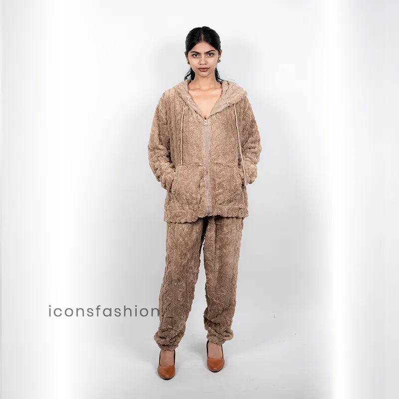 Brown-faux-fur-hooded-Co-Ord--with-zip-up-jacket-and-jogger-pants-for-women