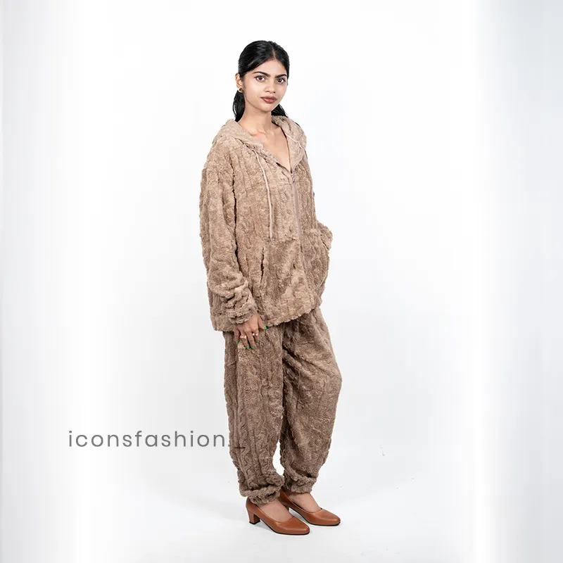 Brown-faux-fur-hooded-Co-Ord--with-zip-up-jacket-and-jogger-pants-for-women