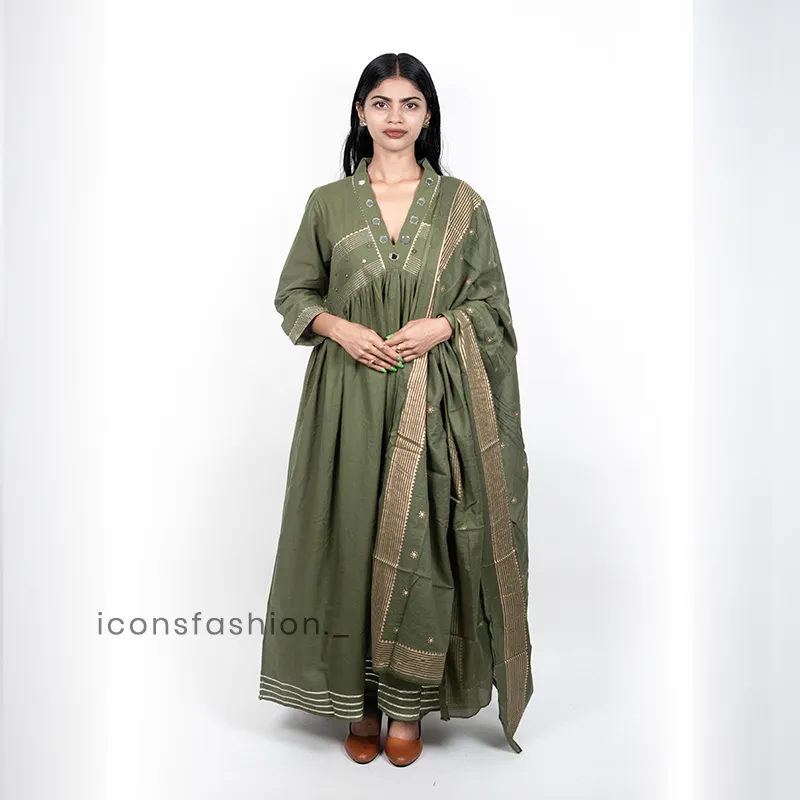 Women-olive-green-Anarkali-kurta-set-with-mirror-work-three-quarter-sleeves-and-a-matching-ethnic-dupatta