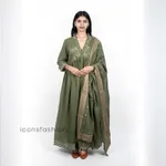 Women-olive-green-Anarkali-kurta-set-with-mirror-work-three-quarter-sleeves-and-a-matching-ethnic-dupatta