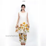 Women-an-yellow-sleeveless-floral-printed-A-line-kurta-set-with-matching-printed-pants-and-a-round-neckline