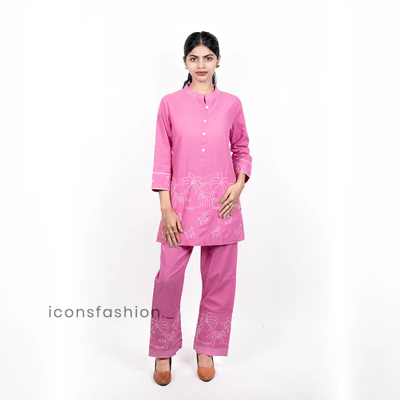 Women-pink-floral-embroidered-co-ord-set-with-a-mandarin-collar-three-quarter-sleeves-and-matching-straight-fit-pants
