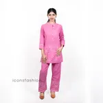 Women-pink-floral-embroidered-co-ord-set-with-a-mandarin-collar-three-quarter-sleeves-and-matching-straight-fit-pants