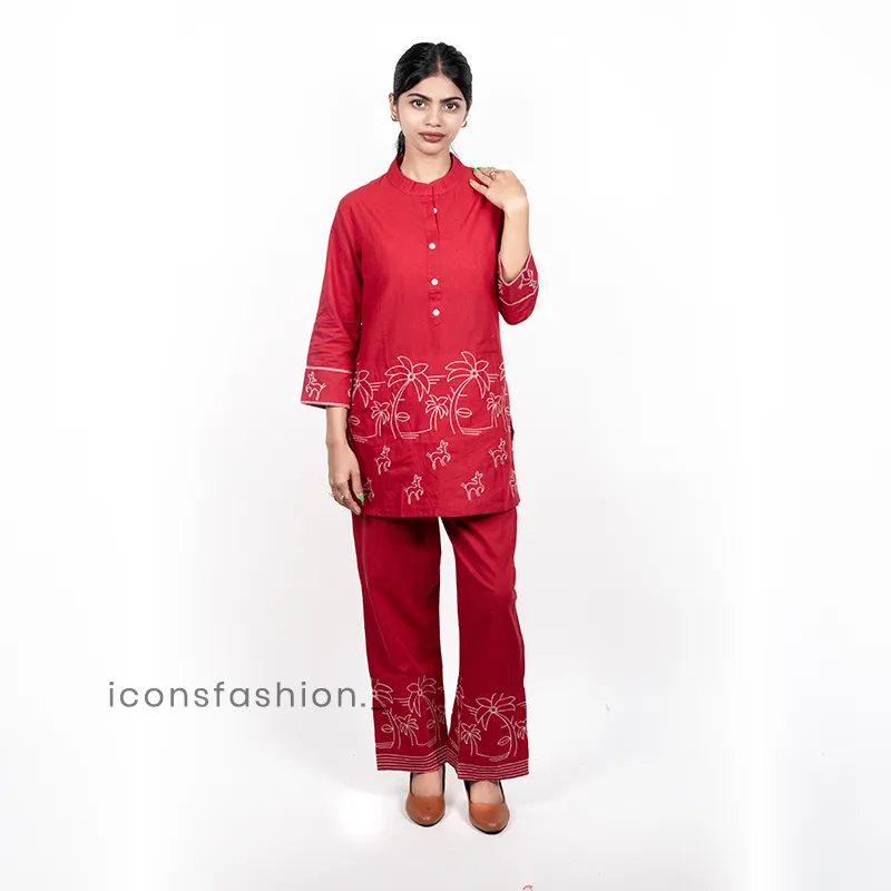 Women-red-floral-embroidered-co-ord-set-with-a-mandarin-collar-three-quarter-sleeves-and-matching-straight-fit-pants