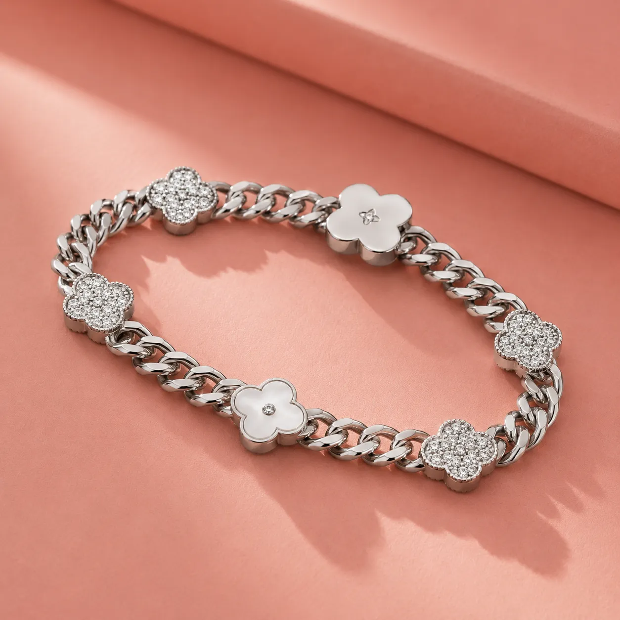 Silver-floral-chain-bracelet-with-crystal-clover-charms-and-polished-finish-for-women