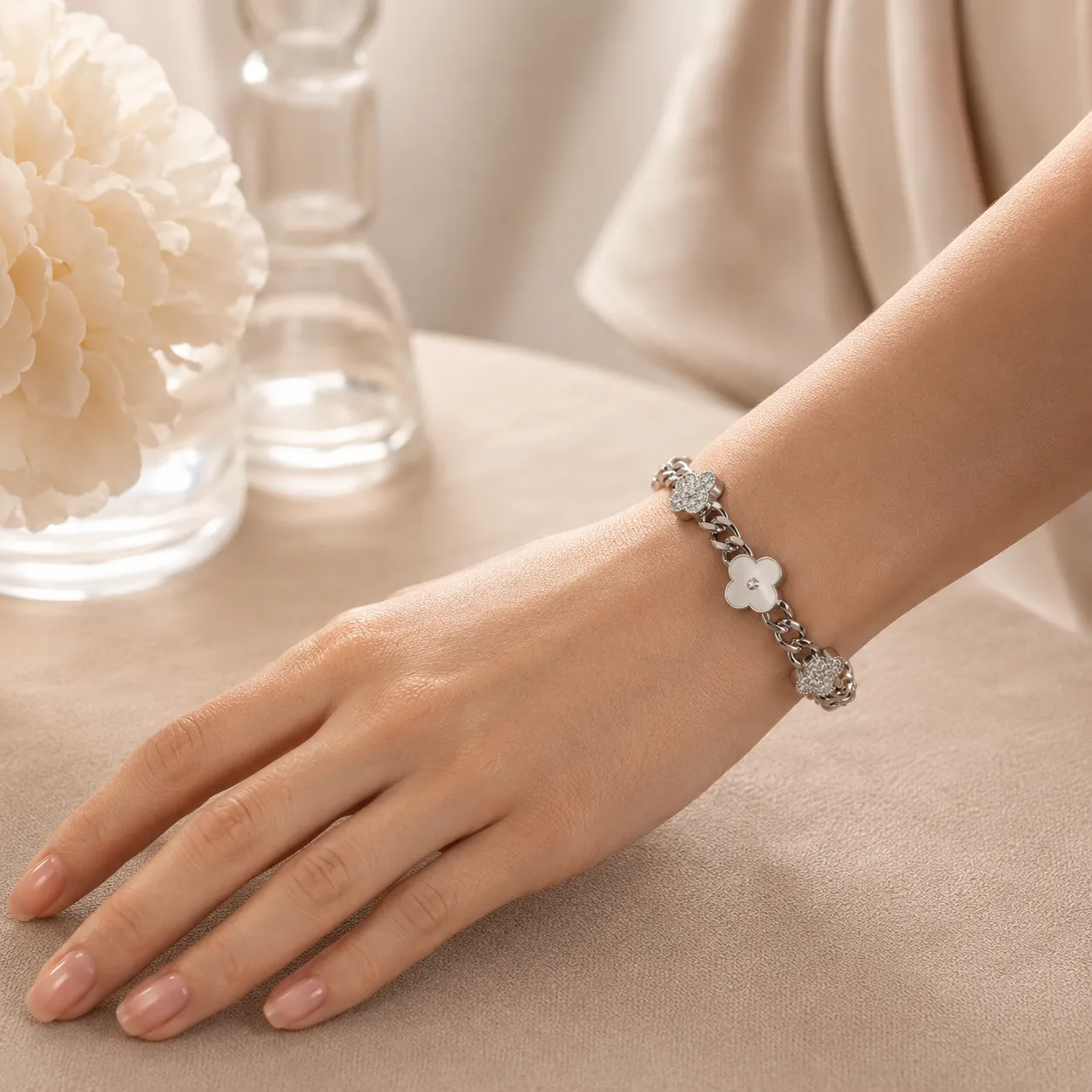 Silver-floral-chain-bracelet-with-crystal-clover-charms-and-polished-finish-for-women