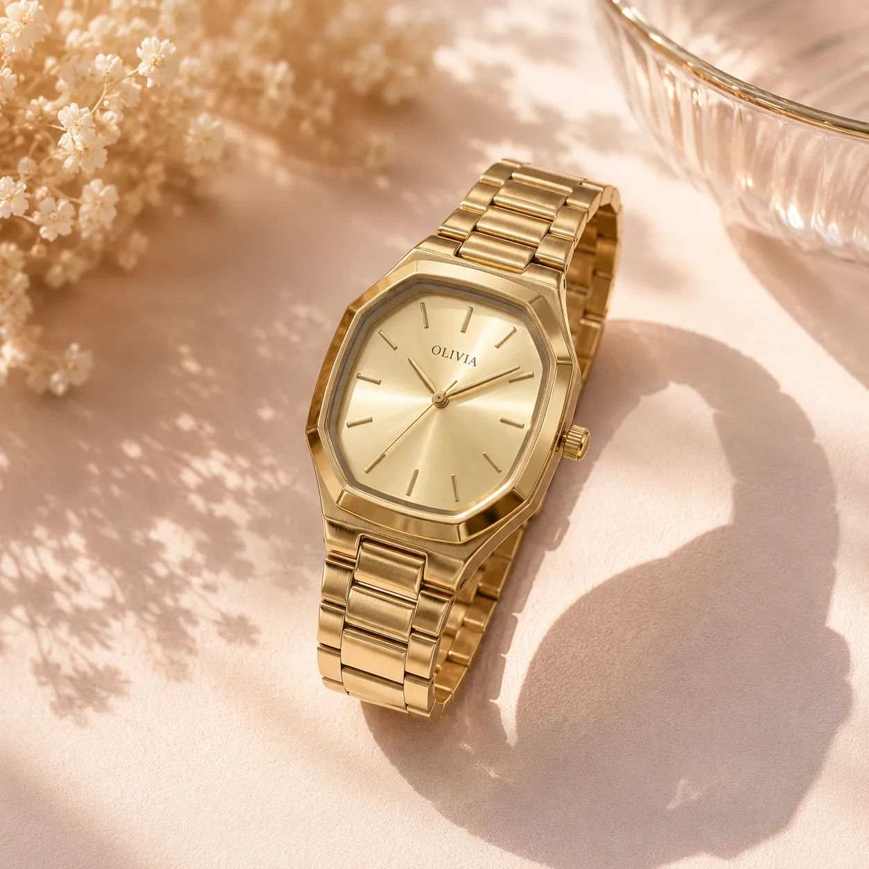 Gold-tone-analog-watch-with-metal-bracelet-strap-for-women
