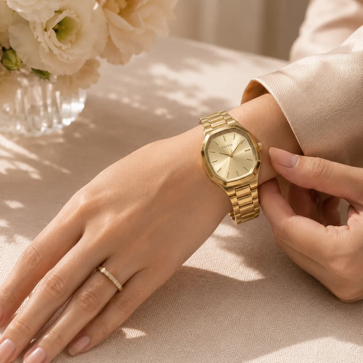 Gold-tone-analog-watch-with-metal-bracelet-strap-for-women