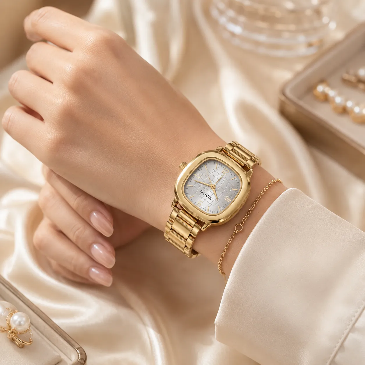 Gold-tone-analog-watch-with-metal-bracelet-strap-for-women