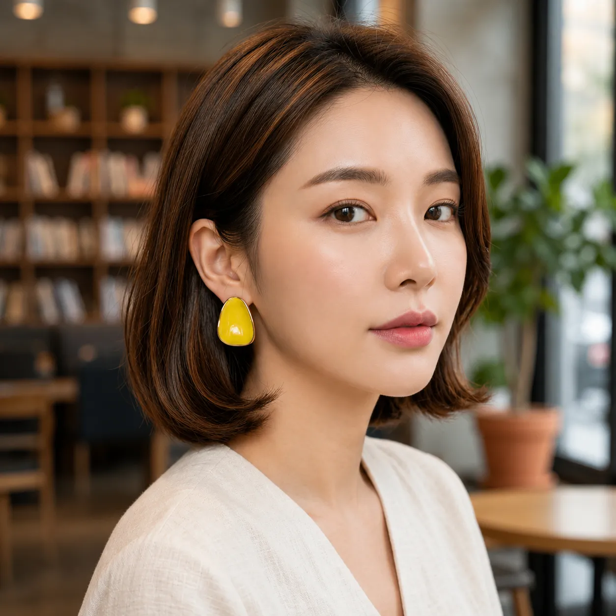 Yellow-teardrop-stud-earrings-with-gold-tone-border-and-glossy-finish-for-women