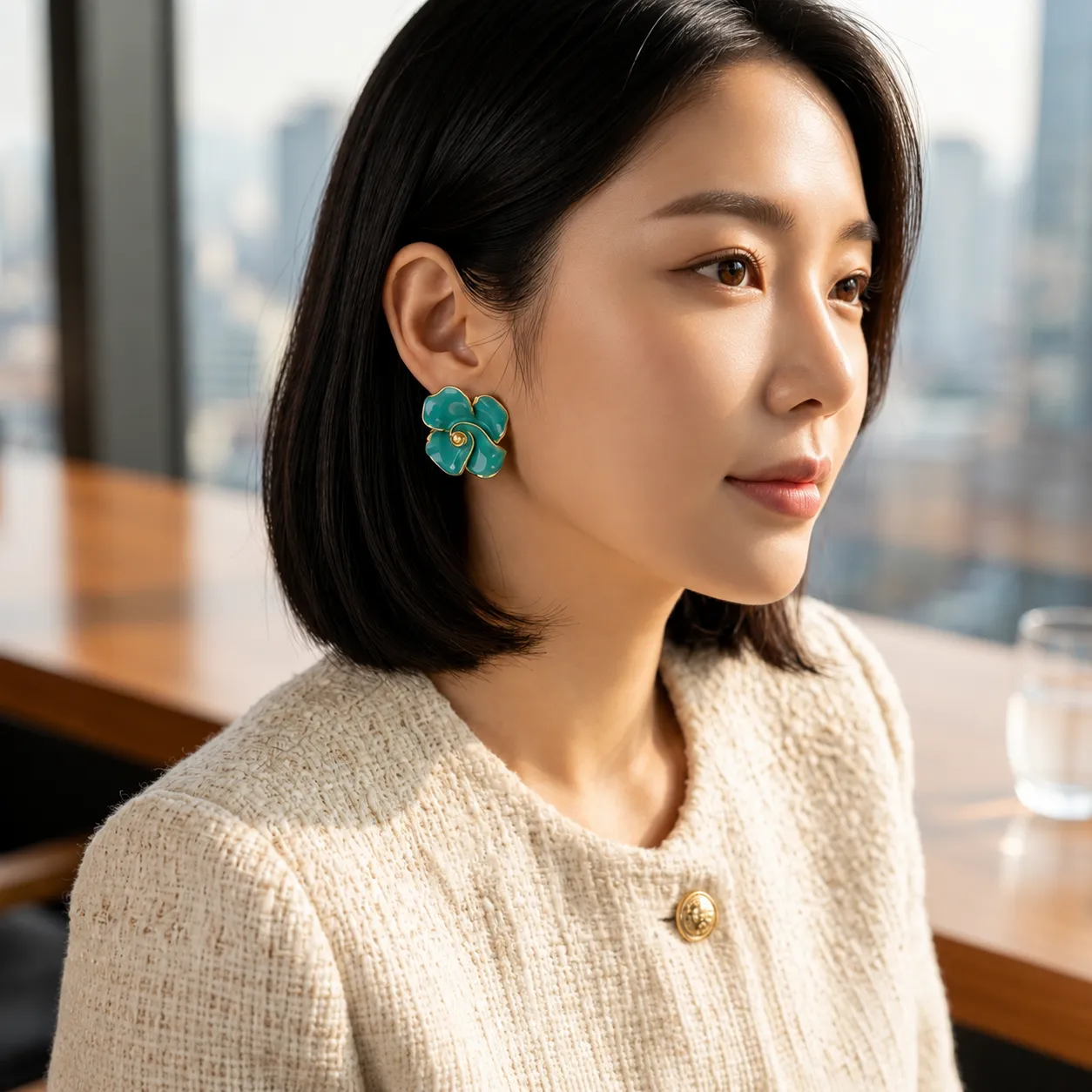 Blue-floral-stud-earrings-with-gold-tone-outline-and-glossy-enamel-finish-for-women