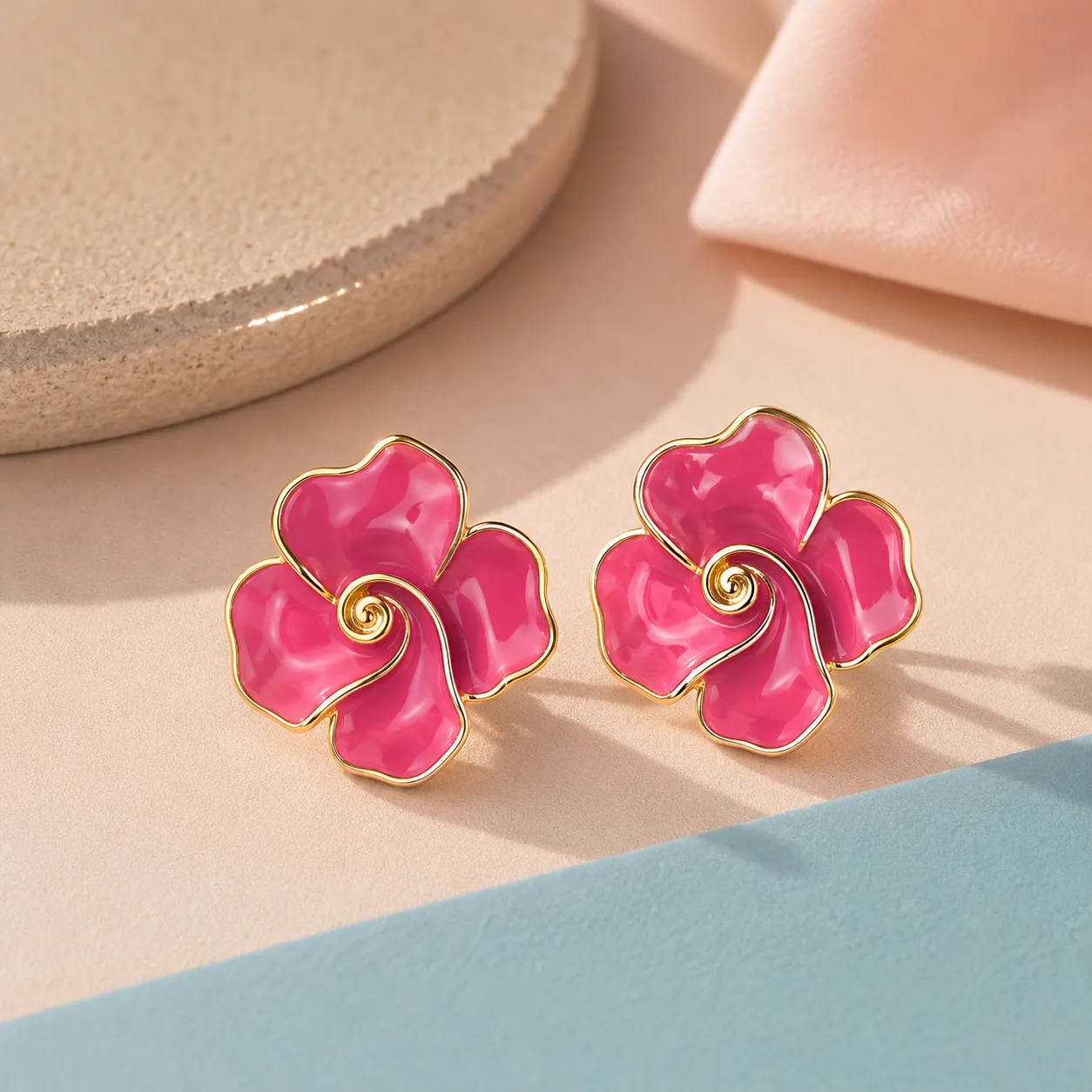 Pink-floral-stud-earrings-with-gold-tone-outline-and-glossy-enamel-finish-for-women