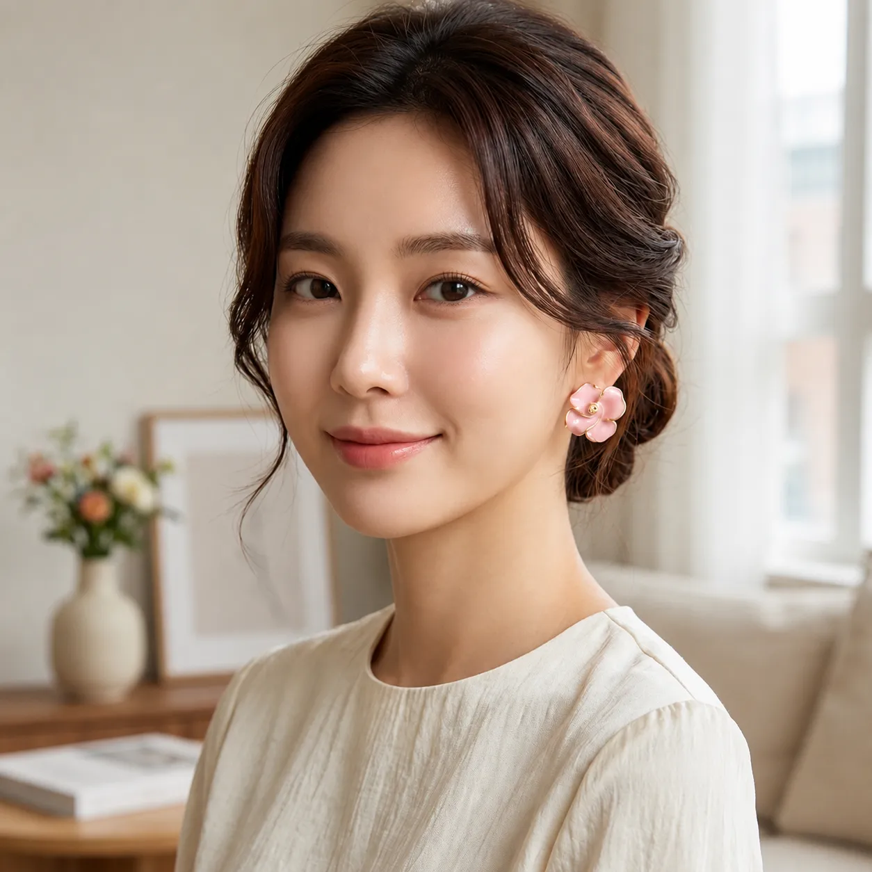 Baby-pink-floral-stud-earrings-with-gold-tone-outline-and-glossy-enamel-finish-for-women