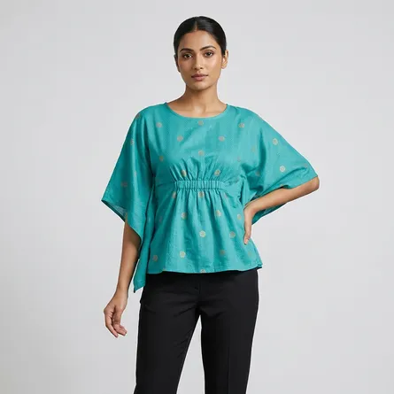 Teal-blue-metallic-foil-print-kaftan-sleeve-womens-top-with-gathered-waist-detailing-and-relaxed-fit