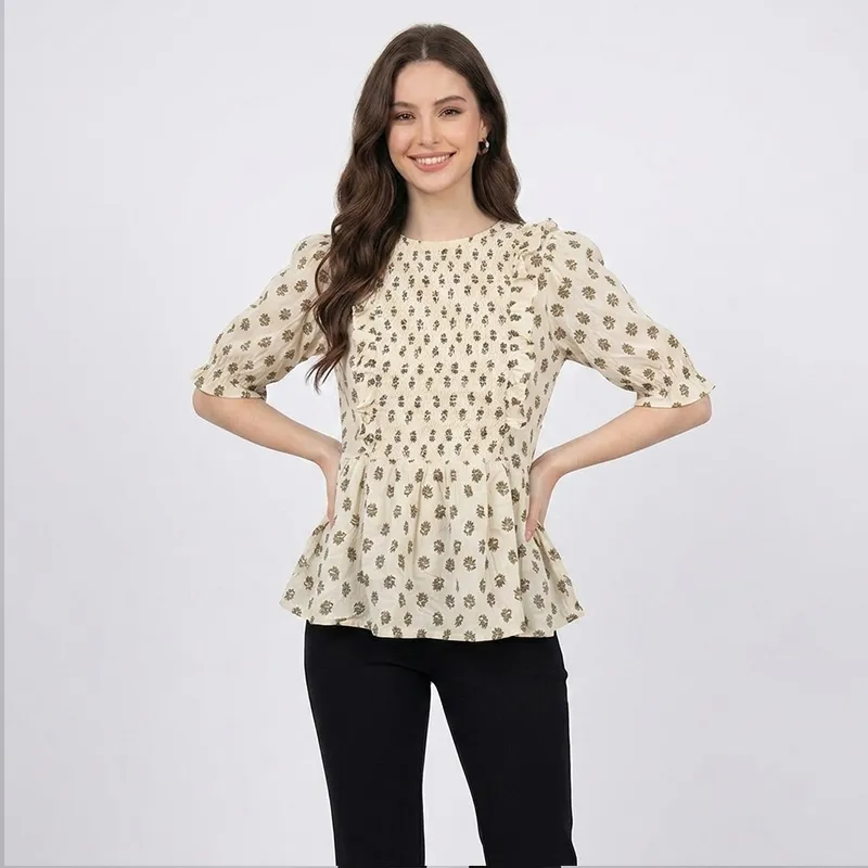 Beige-floral-print-peplum-top-for-women-with-puff-sleeves-gathered-waist-and-flared-hemline