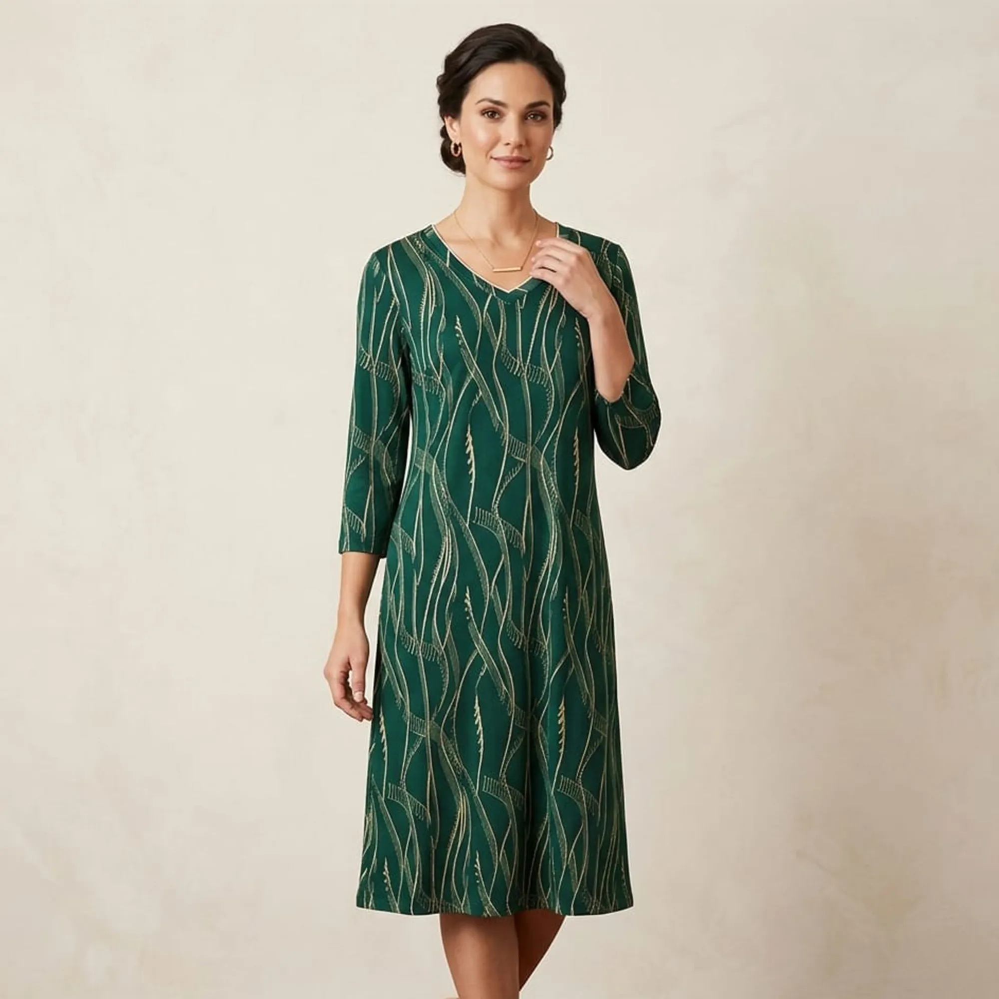 Green-printed-a-line-midi-dress-with-v-neck-and-three-quarter-sleeves-for-women